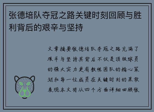张德培队夺冠之路关键时刻回顾与胜利背后的艰辛与坚持